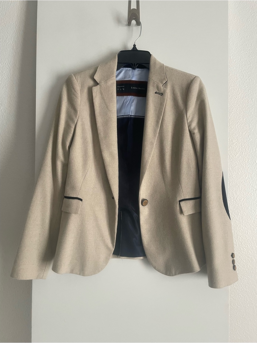 ZARA BASIC Classic Blazer Ivory Wool Blend Velvet Patches Preppy Academia NWOT